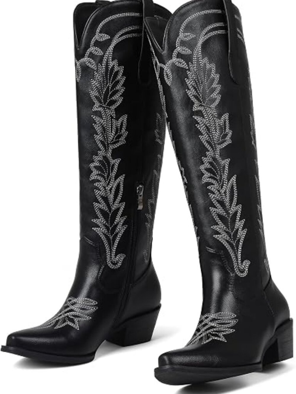 Black Knee High Cowboy Boots Women's Embroidered Western Cowgirl Boots